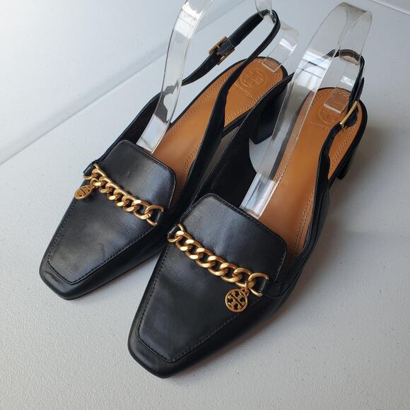 Tory Burch Shoes Womens Size 10 Black Chain Slingback Loafer Block Heel Leather - Picture 2 of 12